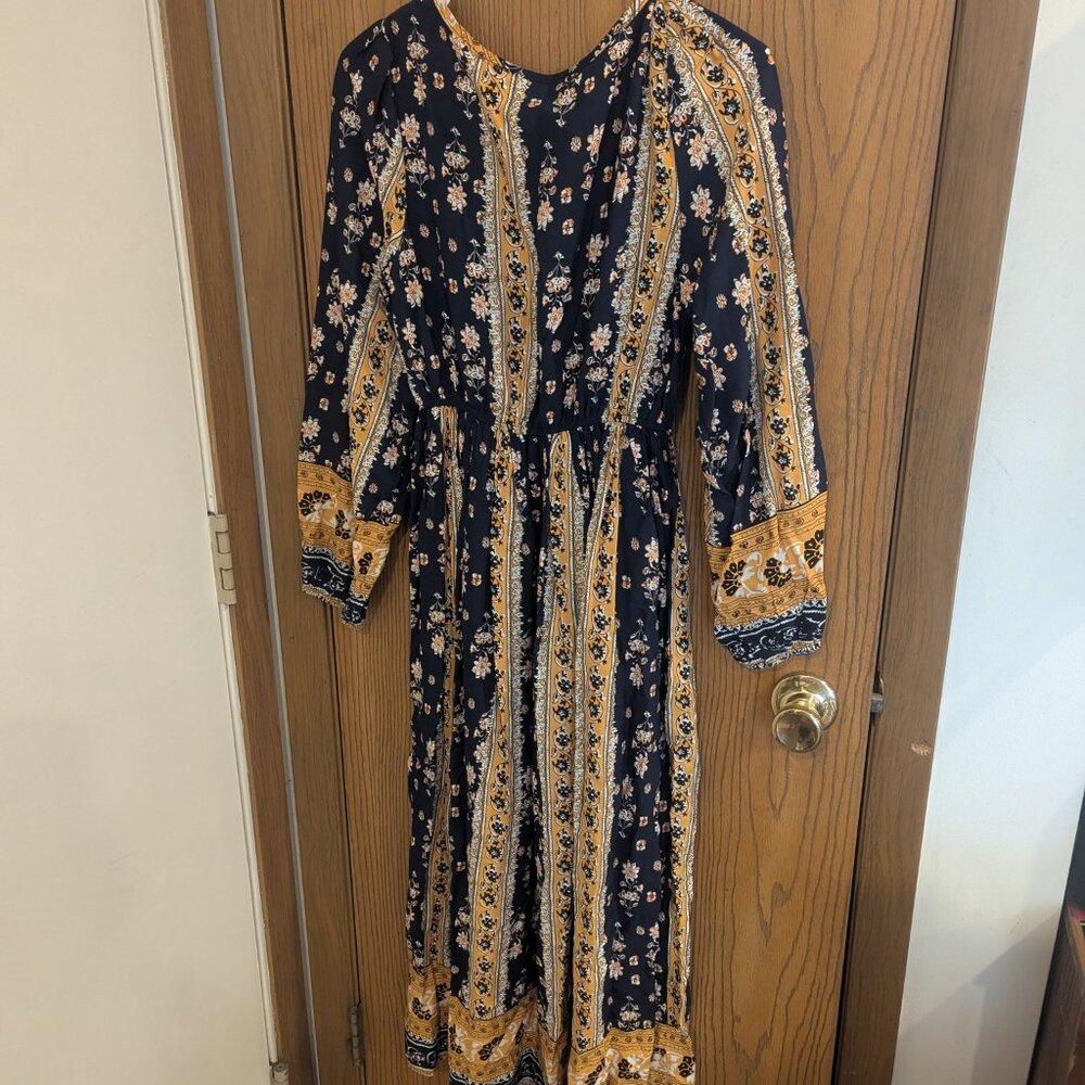 RusttyDustty Floral Maxi Boho‎ Long Sleeve Tie Collar Dress-Small - Picture 6 of 6